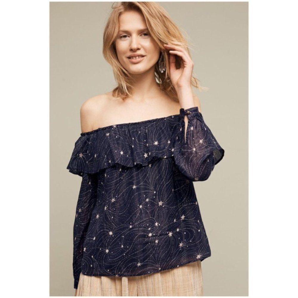 NWT Floreat Anthropologie Navy Blue Metallic Silver Star Cold Shoulder Top - Picture 2 of 11